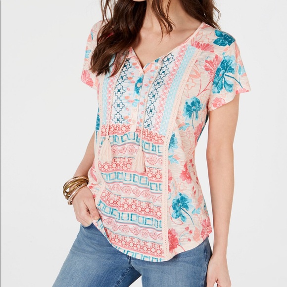 Style & Co. Tops - Style & Co Petite Crochet-Trim Top